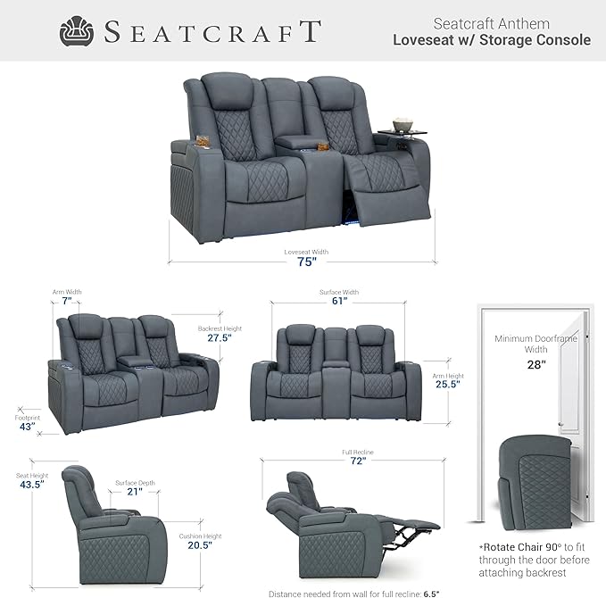 Seatcraft Anthem Italian Leather Sofa w/Fold-Down Table & Loveseat w/Storage Console, Living Room, Power Headrest, Power Recline, Smokey Blue