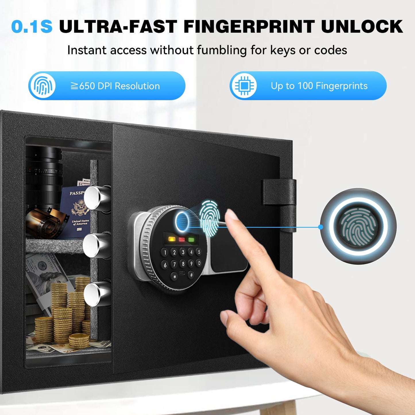 Fdsutvit 2.0 Cu Ft Fireproof Safe for Home, Safe Box with Biometric Fingerprint Lock, Digital Keypad, Removable Shelf & Keys, Home and Office Use Document Box