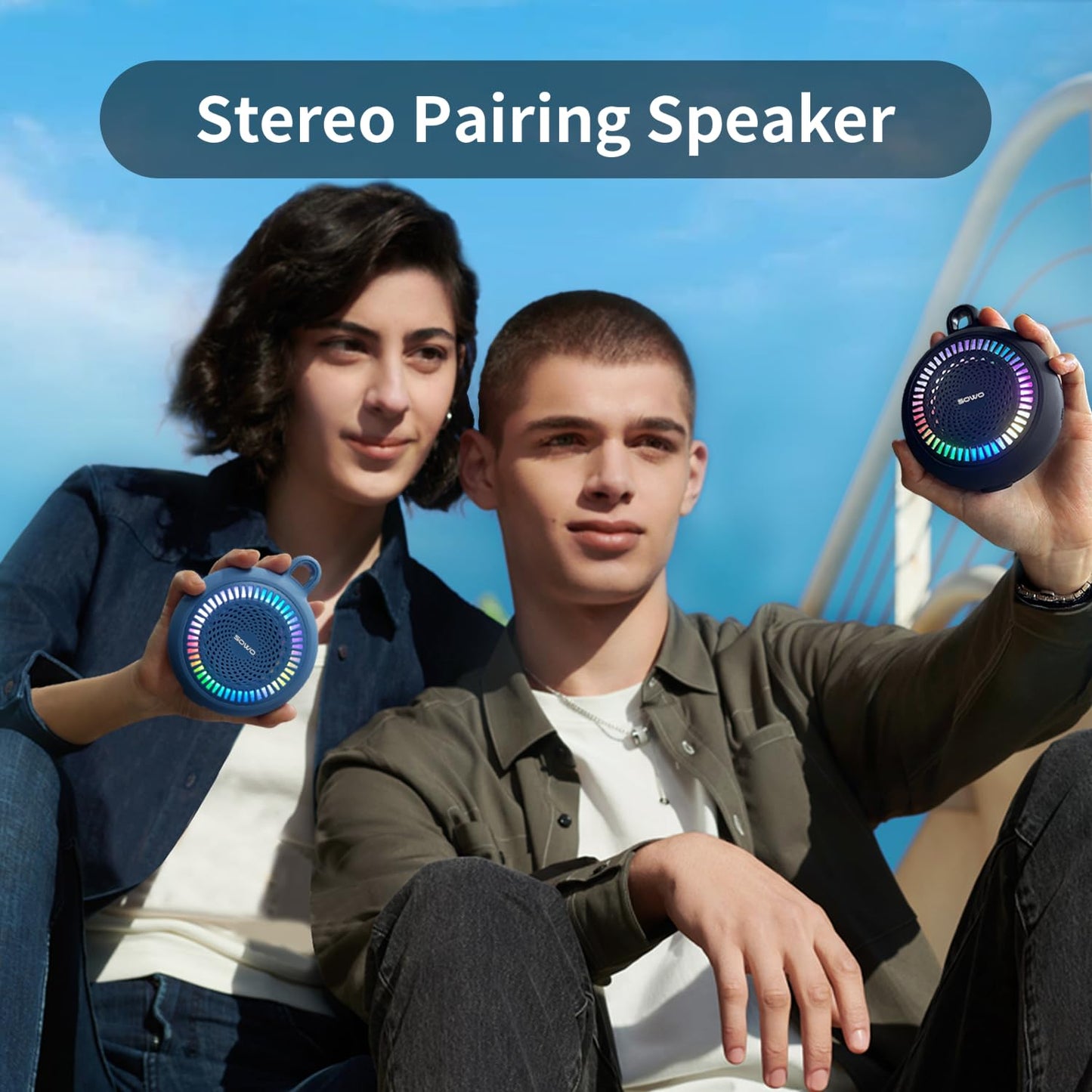 SOWO Bluetooth Shower Speaker Waterproof | Small Portable Bluetooth Speaker Wireless with Clip | Powerful Bass and Louder Volume | Colorful Lights and Lightweight | with TWS Pairing | Black