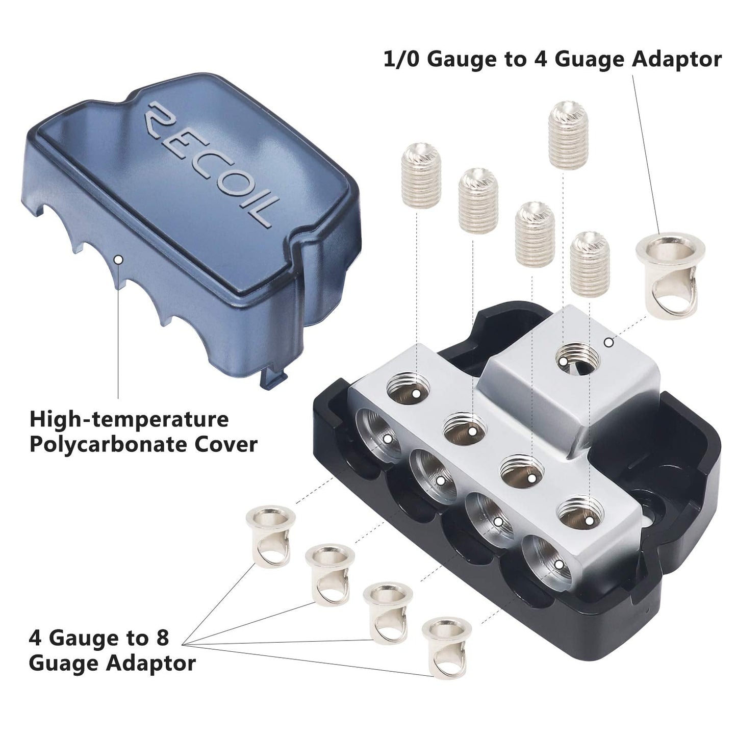 Recoil Db14P 4 Way Power Distribution Block, 1 X 0/2/4 Gauge In / 4 X 4/8 Gauge Out Power Distribution Ground Distributor Block