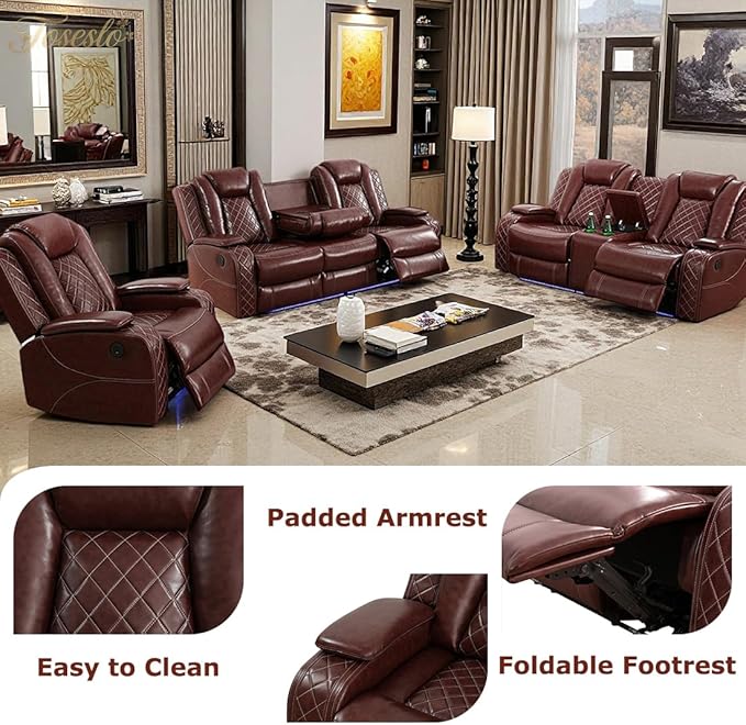 Toseslo Power Recliner Sofa Set with LED Light,Living Room Furniture Sets,Brown Leather Sofa and 2 Chairs Set, Modern Power Reclining Sets with Cup Holder/Storage Console for House