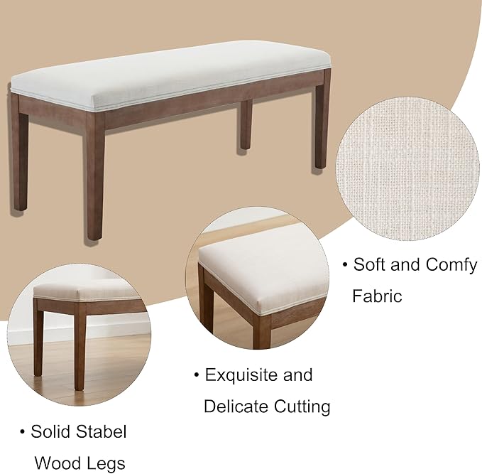 DM Furniture Linen Dining Bench Upholstered Entryway Bench Farmhouse Shoe Bench Seat Ottoman for Hallway Living Room Bedroom End of Bed Dining Room Kitchen, 45.5" Long, Beige
