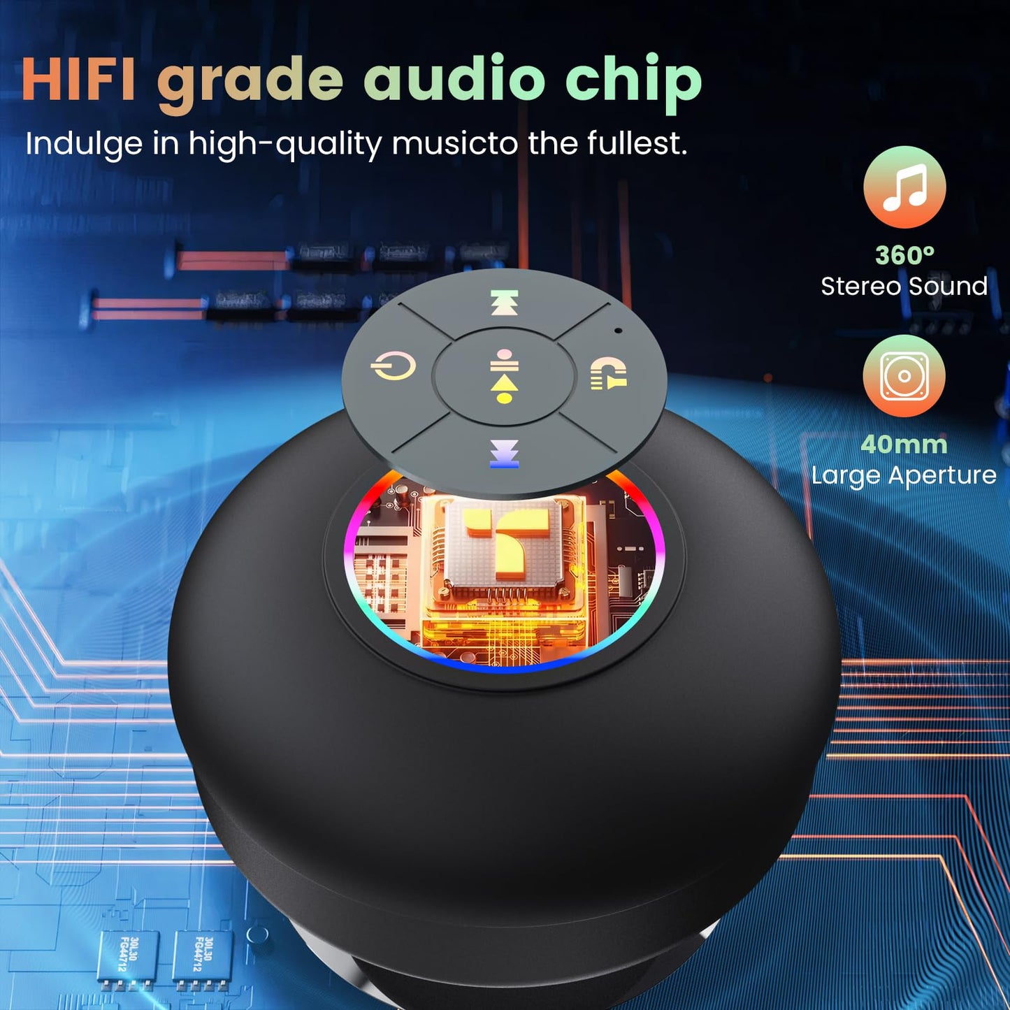 Large Suction Cup Waterproof Bluetooth Speaker LED Light Light Waterproof Bathroom Bluetooth Speaker (Black)
