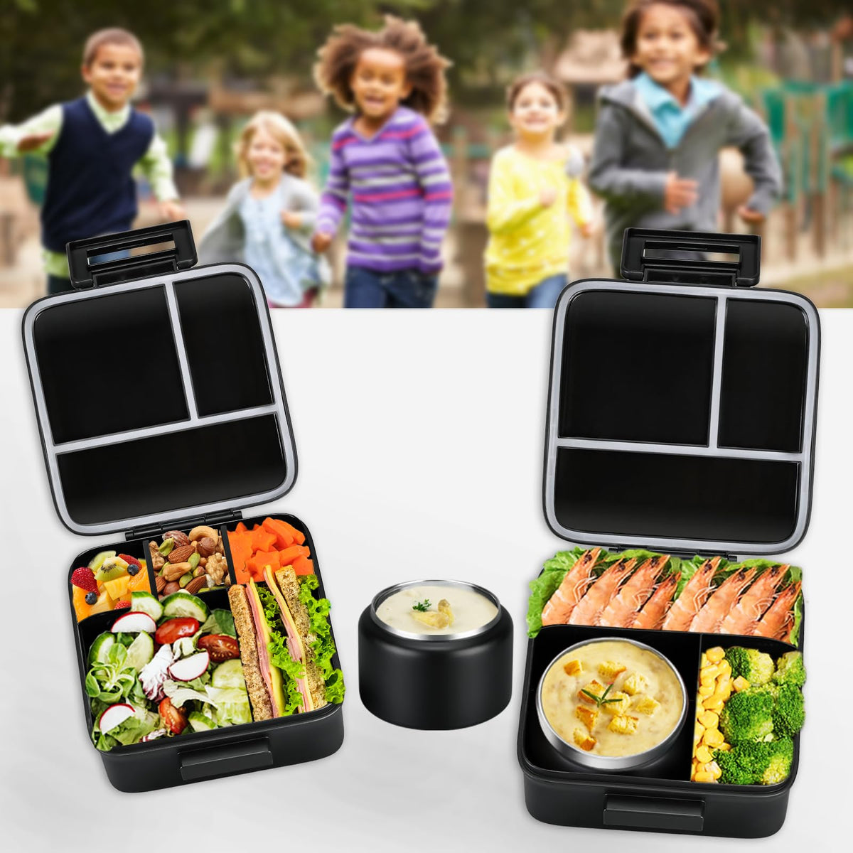 MAISON HUIS Kids Bento Lunch Box Set With 8oz Soup Thermo, Leakproof Lunch Containers with 5 Compartment, Thermo Hot Food Jar and Insulated Lunch Bag, BPA Free,Travel, School -Black (Astronaut)