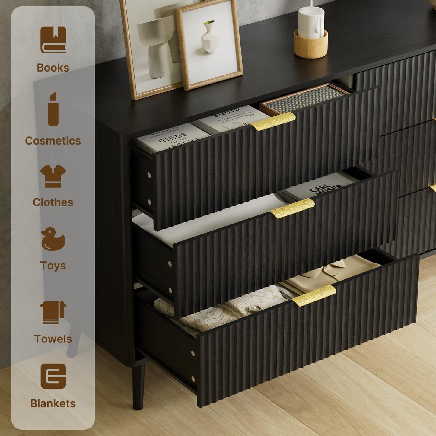 LYNSOM 55" Wide Fluted Dresser for Bedroom with 6 Drawer, Modern Chest of Drawers with Curved Profile Design and Metal Handles, Wood Dresser TV Stand & Storage Organizer for Living Room, Black