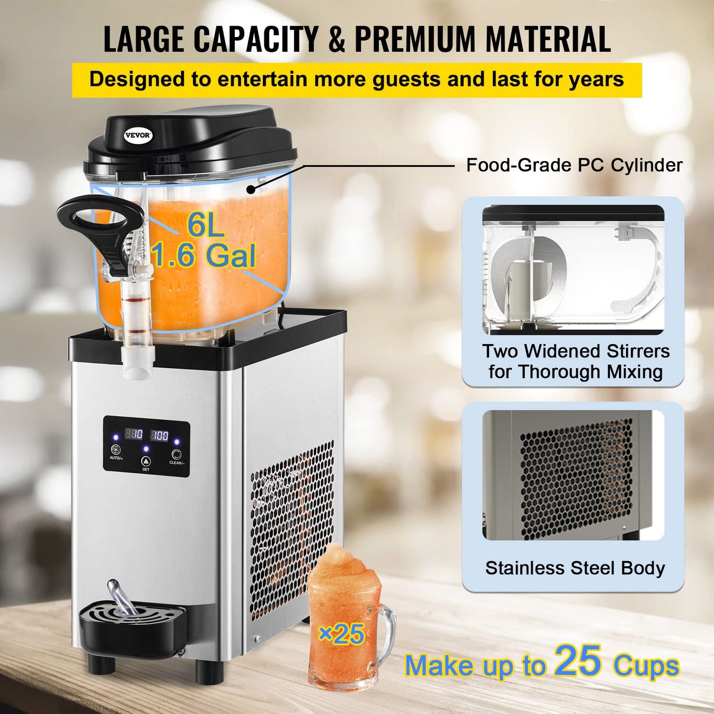 VEVOR Slushie Machine, Slushy Machine 6L/1.6 Gal 25 Cups Single-Bowl, 300W Frozen Drink maker, Stainless Steel Margarita Smoothie Machine, Slushie Machine for Cafes Restaurants Bars Home Use