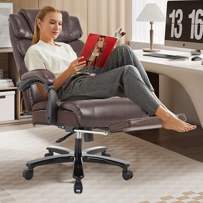 KCREAM 550lbs Heavy Duty Office Chair with Wide Seat,Big and Tall Executive Office Chair,Ergonomic Reclining Desk Chair with Footrest,PU Leather Computer Chair for Home and Office Use,Brown
