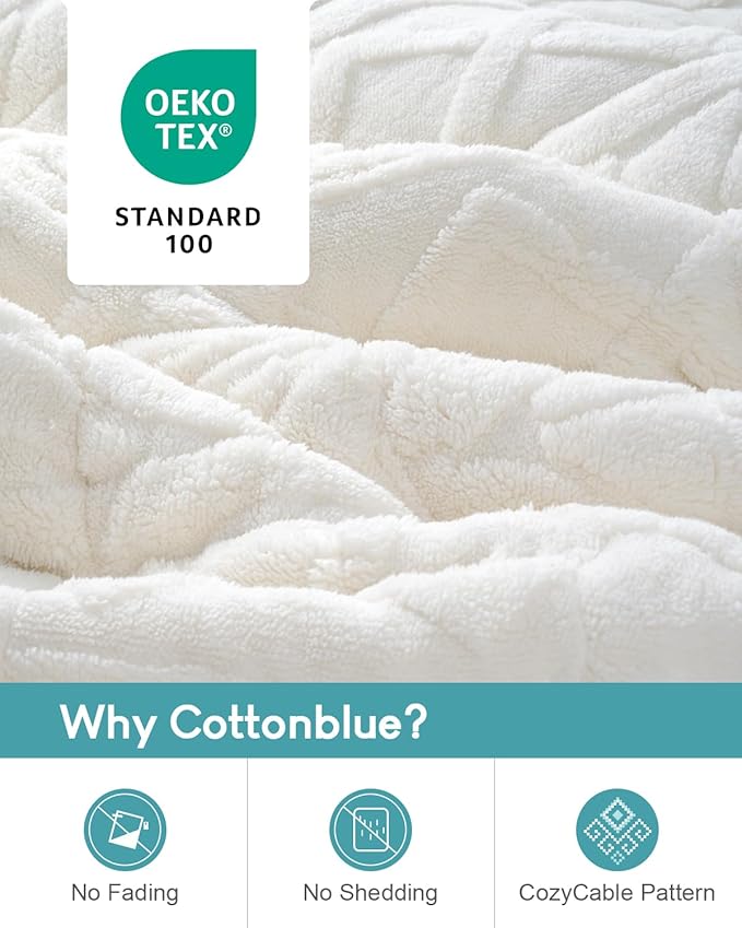 Cottonblue Jacquard Sherpa Weighted Blanket 20lbs for Adults, Soft Warm and Thickened Calm Blanket for Ultimate Comfort and Better Sleep, Heavy Weighted Blankets 60x80 Inches, Cream White