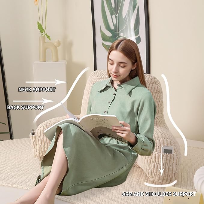 PAJEO Reading Pillow for Sitting in Bed, Large Backrest Reading Pillow with Arm Rest,Back-Rest Support Cushion for Sit Up on Couch, Sofa, and Floor, Dorm Essentials (Cream Corduroy, Large(19"))