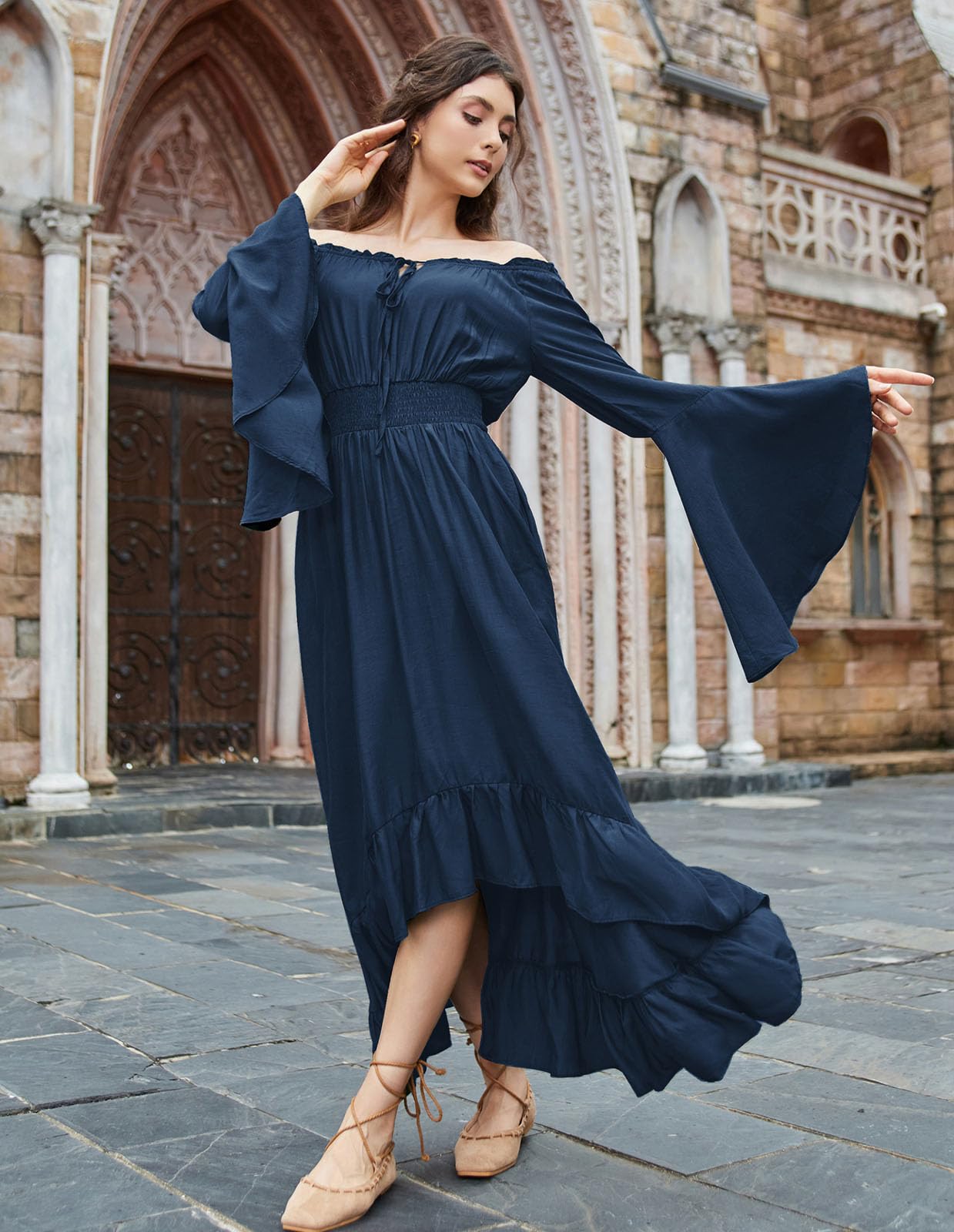 Scarlet Darkness Renaissance Costume Women Smocked Wasit Peasant Ruffled Flowy Dress Navy Blue XXL