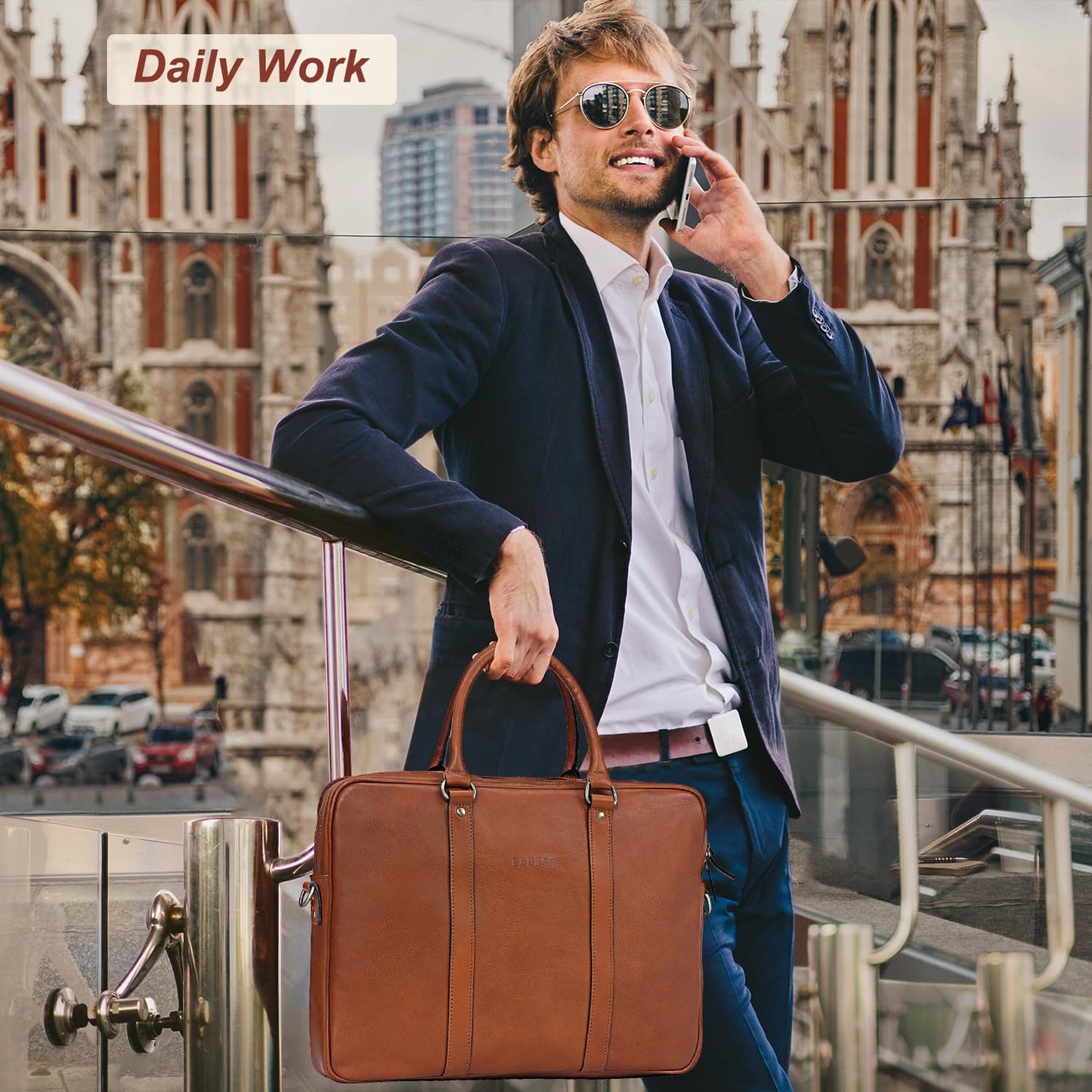 Banuce Premium Italian Full Grain Leather Briefcase for Men Fits 14 Inch Laptop for Business Travel Office Work with Detachable and Adjustable Shoulder Strap Brown