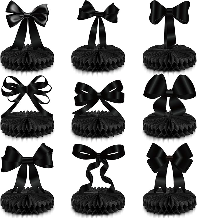 Containlol 9 Pcs Black Bow Birthday Party Decorations Bow Honeycomb Centerpieces Coquette Party Table Decorations Coquette...