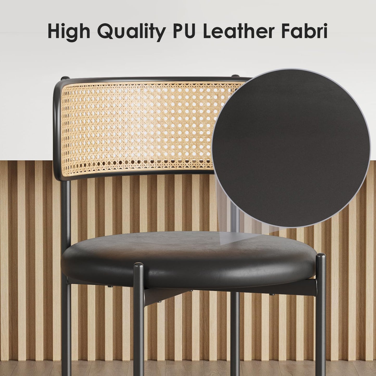 Farini Dining Chairs Set of 4, PU Leather Upholstered Seat with Woven Rattan Back, Sturdy Metal Legs Modern Side Chairs for Kitchen Living Room Restaurant, Black