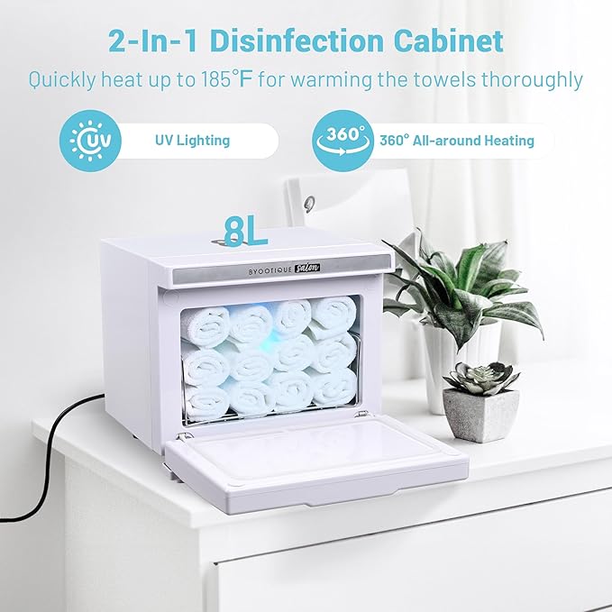 BYOOTIQUE 8L Spa Towel Warmer Cabinet for Salon, 2in1 Professional Heating Machine Mini Hot Towel Cabbies for Barbers, Facial, Mobile Massage, Nail Tech,Beauty Salon, Estheticians, White