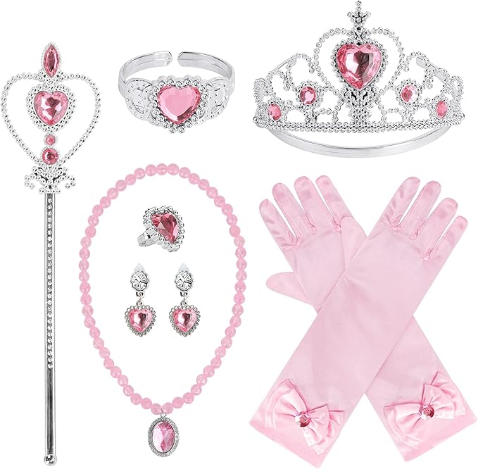Princess Dress Up Party Accessories for Princess Costume Gloves Tiara Wand Necklace Earrings Bracelet and Ring Gift Set 9p...