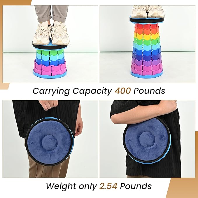 FXKS 2 Pack Upgraded Collapsible Stool Folding Stool with Cushion,Retractable Folding Stool Max Load Capacity 400lbs, Portable Telescoping Stools for Camping Hiking Outdoor BBQ Fishing-Rainbow