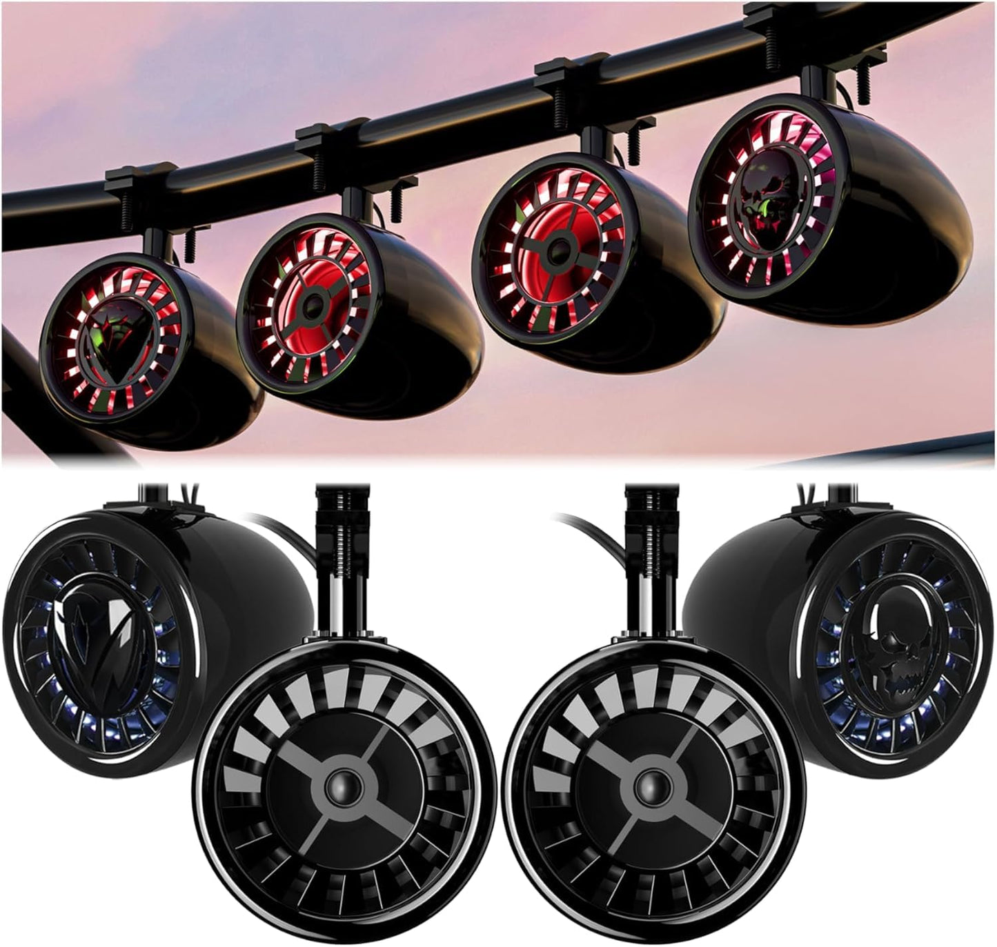 GoHawk Bluetooth UTV Sound System 5 Inch Speakers UTV Sound Bar 8 Speakers (4X Woofer & 4X Tweeter) for UTVs Fits 1.5-2in Roll Cages, Compatible with SXS RZR Polaris Can-Am Wildcat ATVs