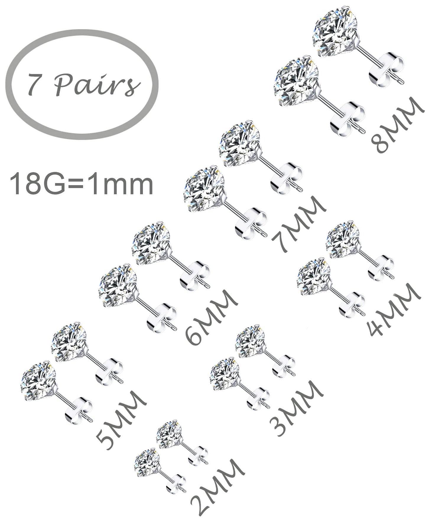 Tornito 7 Pairs 18G Stainless Steel Stud Earrings Round Cubic Zirconia Barbell Earring Set for Women Men 2MM-8MM Silver Tone