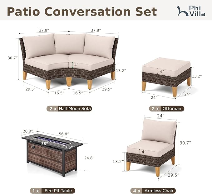 PHI VILLA 9-Piece Half Moon Patio Furniture Set with 56" Fire Pit Table, Outdoor Wicker Sectional Sofa with Thick Beige Cushions, 2 Ottomans, Large Curved Conversation Seating for Garden or Backyard