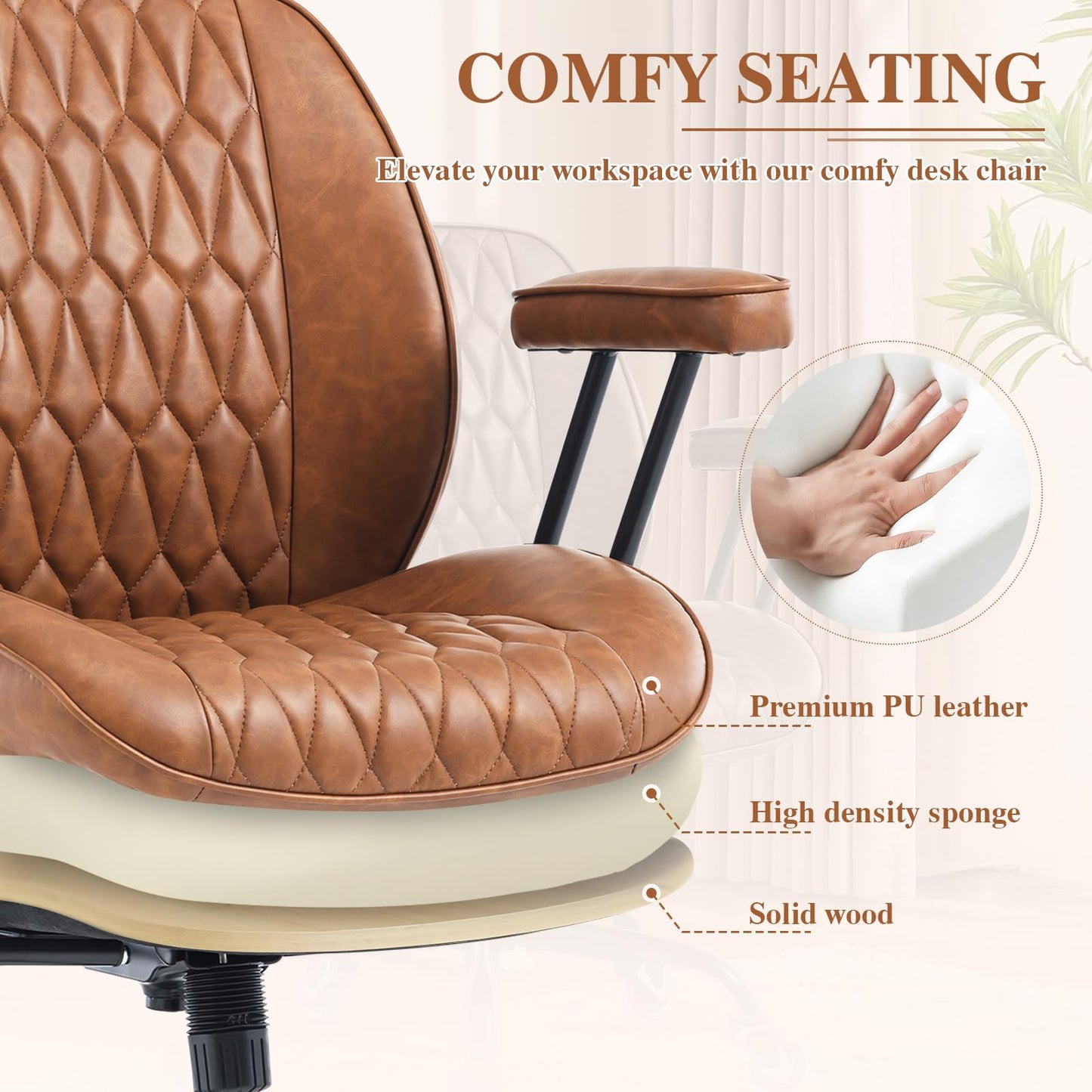 Home Office Desk Chair Mid-Century Modern Faux Leather Chair with Lumbar Support, Mid Back Ergonomic Computer Chair Swivel Rolling Executive Armchair