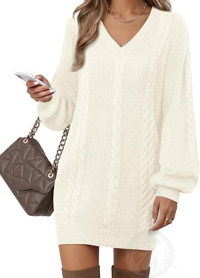 VAFOLY Women's Pullovers Jumper Sweaters Lantern Sleeve Casual V Neck Fall Knit Mini Sweater Dresses