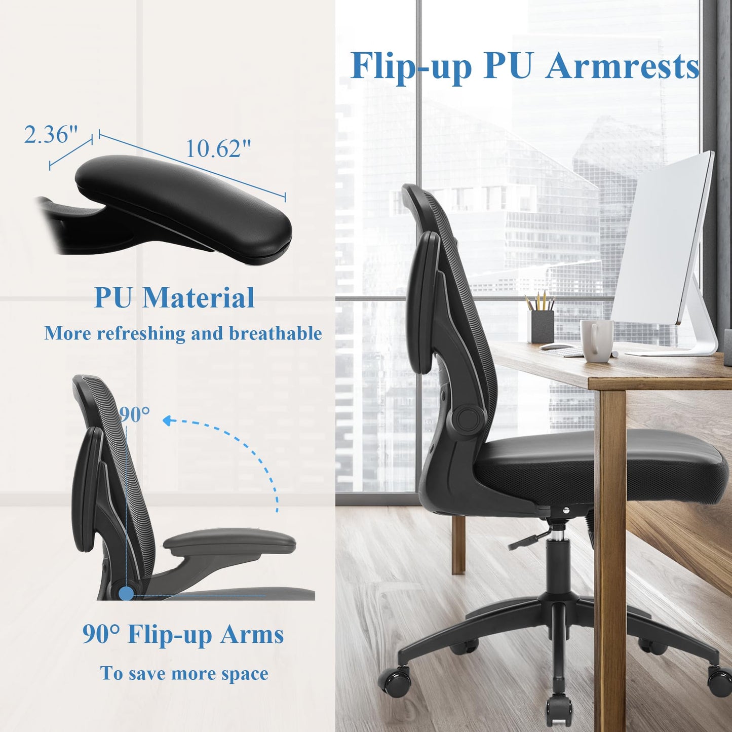 TOPBSHODC Ergonomic Office Chair 400lbs PU Leather Mesh Desk Chair with Lumbar Support, Flip-Up Arms, Swivel Wheels, Adjustable Height, Rolling Executive Computer Task Chair for Home Office,Black