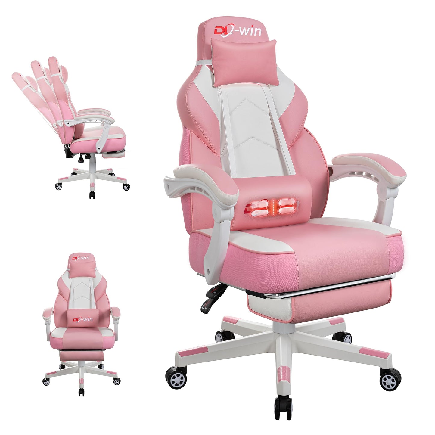 Gaming Chair with Footrest & Lumbar Support, Ergonomic Racing Style Computer Chair, 360° Swivel Height Adjustable Video Game Chair, Massage Office Chair Gaming Equipment, Pink