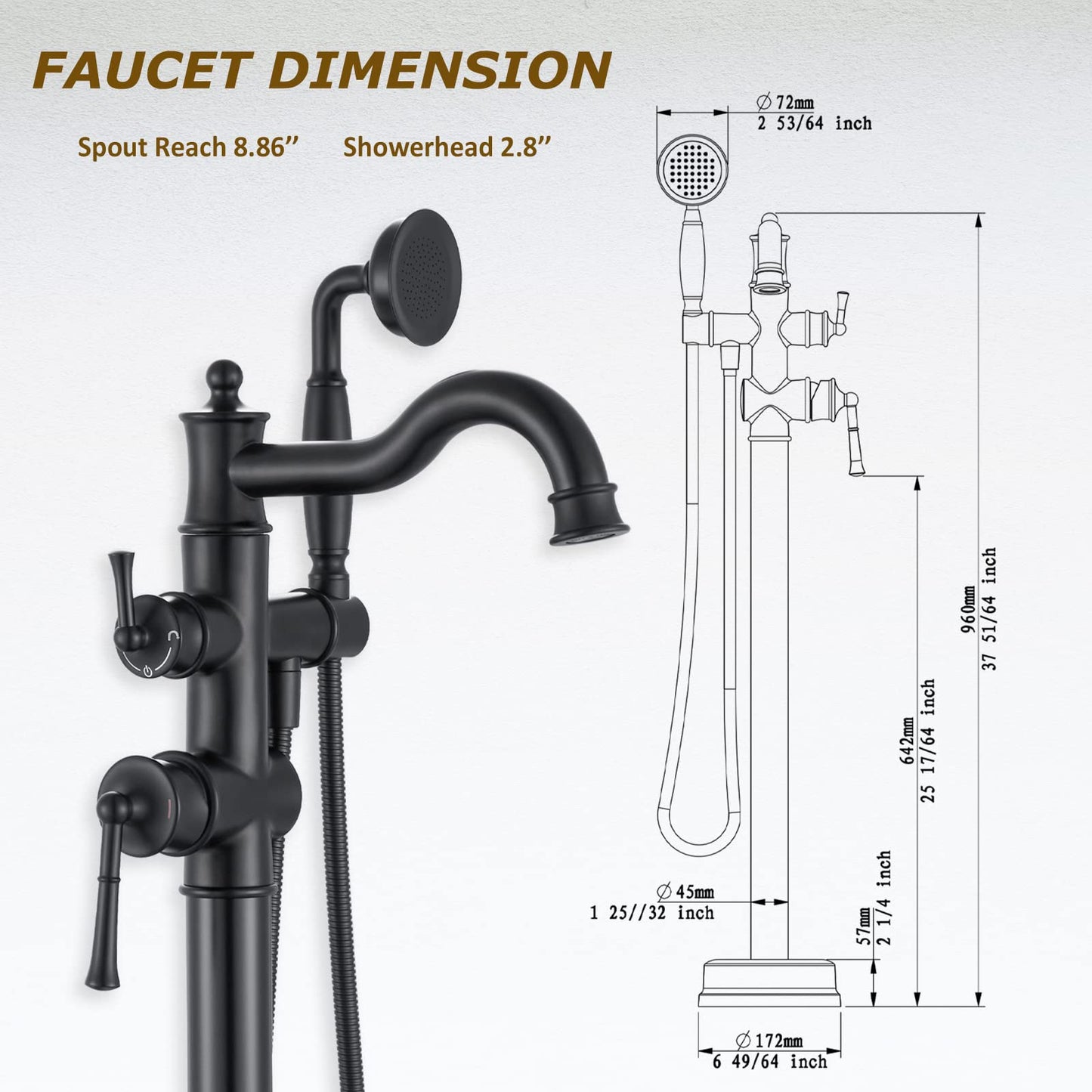 WINKEAR Freestanding Floor Mount Tub Filler with Handheld Shower Roman Bathtub Faucet by Matte Black Finish, Swivel Spout with Brass Rough-in and Water Hose