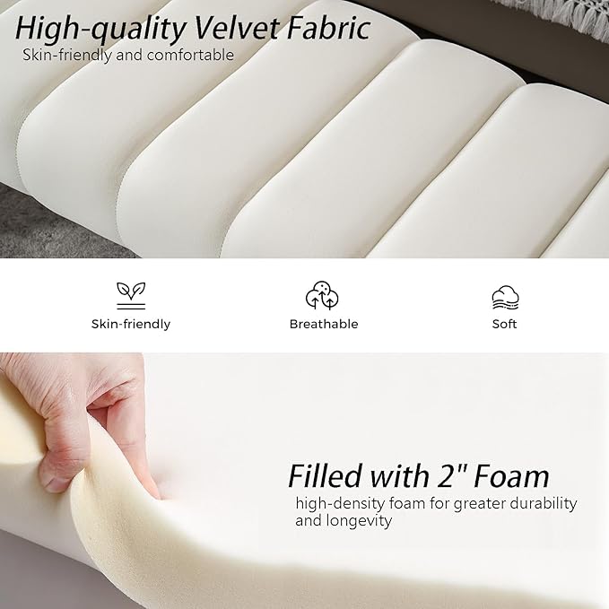 AIITTCC Velvet End of Bed Bench Upholstered Modern 59" Bedroom Bench for King Bed Bench Tufted Window Bench Comfy Long Ottoman for Living Room/Entry/Indoor (Ivory White, 59" Wide)