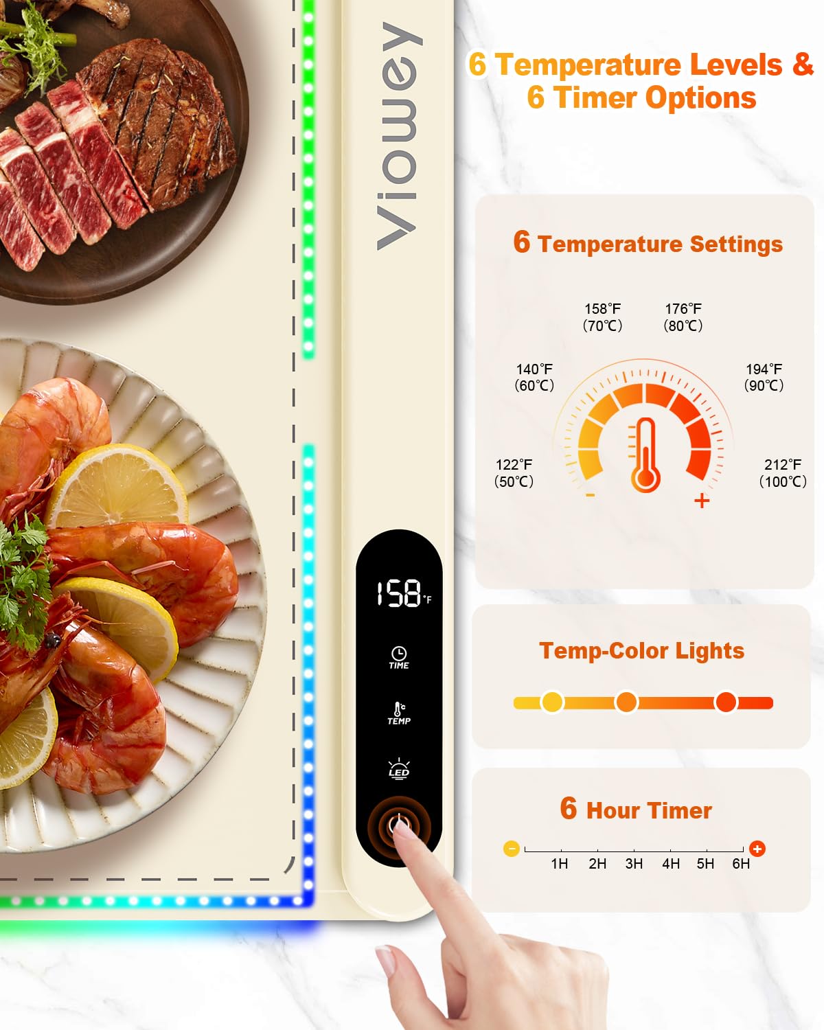 Food Warming Mat with Light, Electric Warming Tray with 6 Temperature Settings and 6 Hours Timer, Upgrade High-tech Graphene Heating Film, Versatile Food Warmer for Parties, Buffets, and Home Use