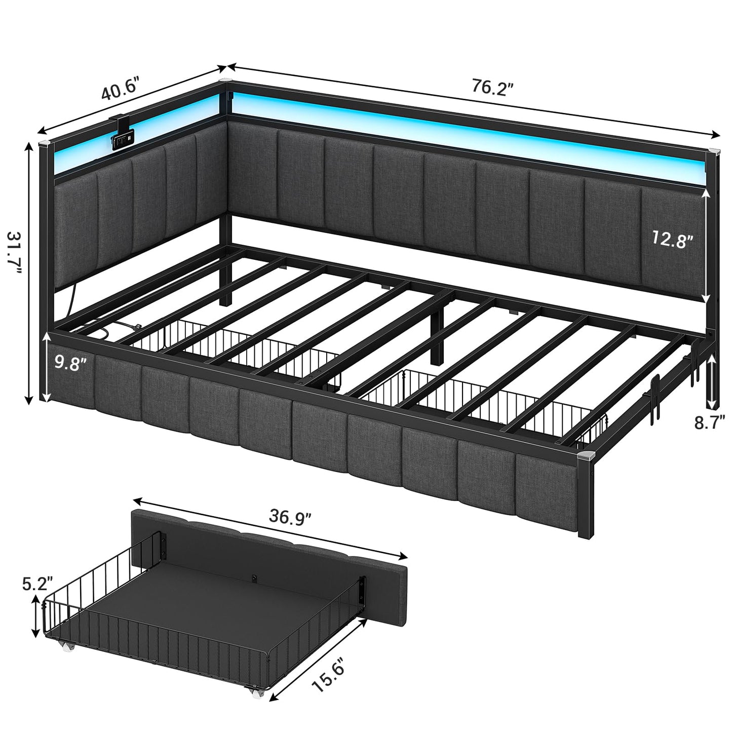 Hasuit Corner Bed Frame with Storage Drawers, Twin Daybed with Line Fabric Upholstered Fence, Kids Bed Unit with LED Light and Charging Station, Modern Bed Frame Twin Size, Gray