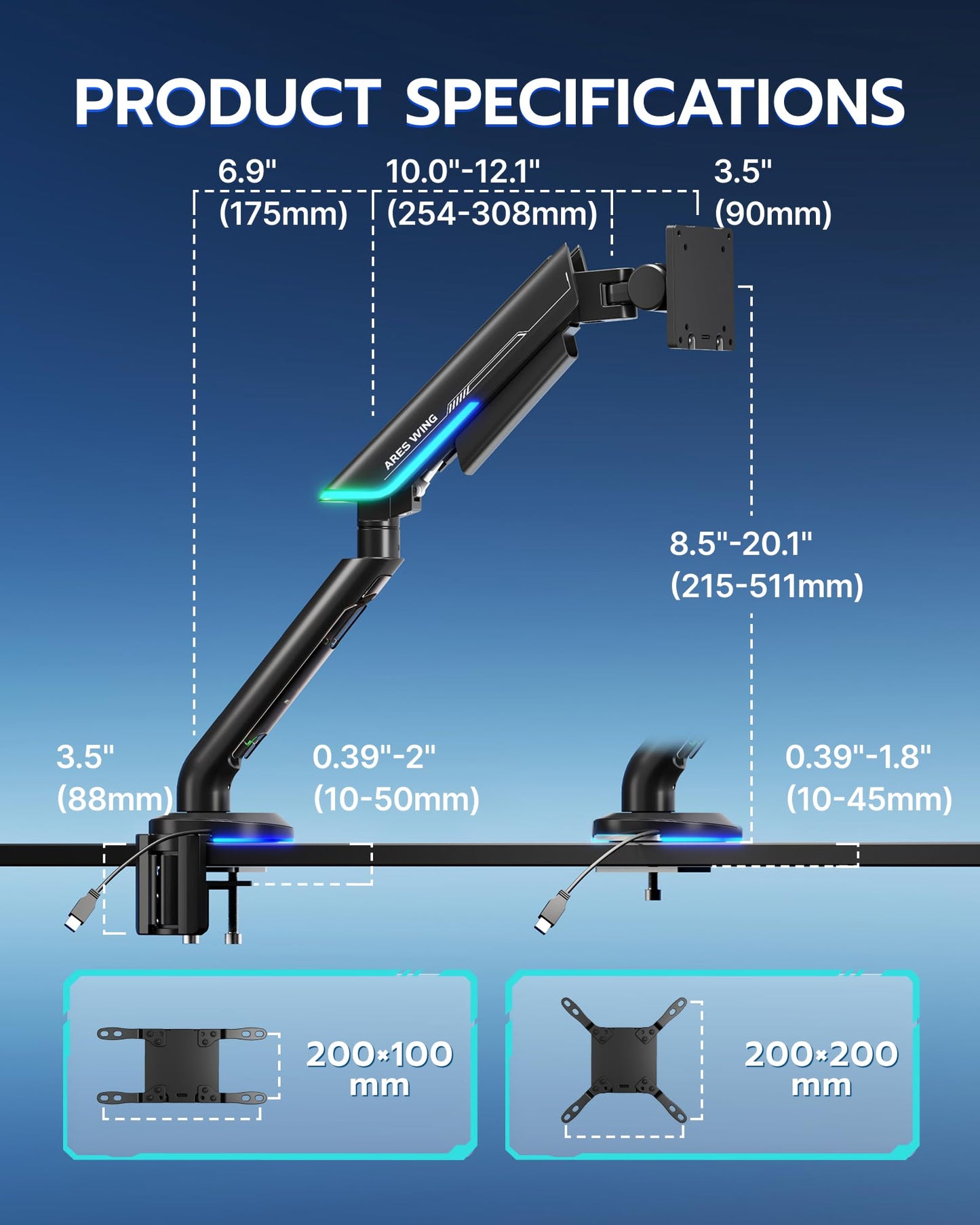 ARES WING Single Monitor Mount with RGB, Heavy-Duty Gaming Monitor Arm fits for 24"-57" Ultrawide Screen, Adjustable Computer Monitor Stand Holds Up to 60LBS with VESA Mount, Clamp & Grommet, Black