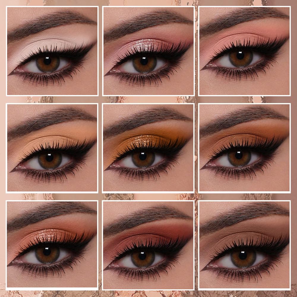 HHLTOH 9-Color Eyeshadow Makeup Palette, Blendable Shimmer & Matte, Caramel Cinnamon Rose Golden Brown Eye Shadow Palette, Long-