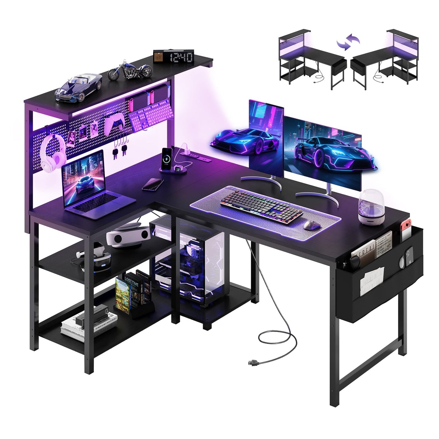 Apicizon L Shaped Desk Gaming Desk with LED Light & Power Outlet, 47 Inch Reversible Computer Desk with Pegboard & Shelf & Storage Bag for Home Office, Black