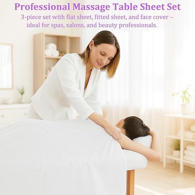 Massage Table Sheet Set, 3pcs (Flat Sheet, Fitted Sheet, Face Rest Cover), White Microfiber for Spa and Professional Use
