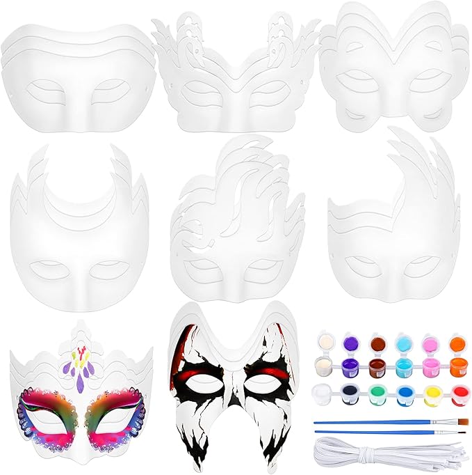 Elcoho 24 Pieces White Paper Masks Half Face Masquerade Masks DIY Hand Painted Mask with Tether Paints Brushes Mardi Gras ...