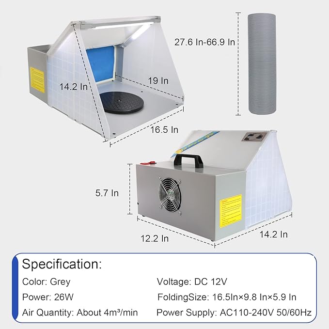 Hotorda Portable Airbrush Spray Booth with 3 LED Lights, Extra Replaceable Extra Filter Pad, Turn Table and 6ft Exhaust Extension Hose for Hobby, Painting, Art Craft, Model