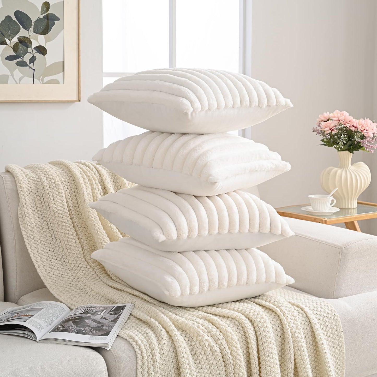 Volcanics Set of 4 Faux Fur Plush Decorative Throw Pillow Covers 20x20 Inch, Luxury Striped Cushion Cases Soft Fluffy Accent Pillowcases for Sofa, Couch and Bed, Cream White