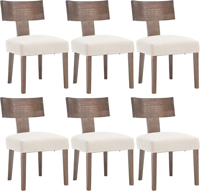 DM Furniture Farmhouse Kitchen Table Chairs Set of 6, Linen Fabric Upholstered Dining Chairs with Wooden Legs, Comfy Armless Dining Room Side Chairs with Backrest, Beige-Dark Brown Legs