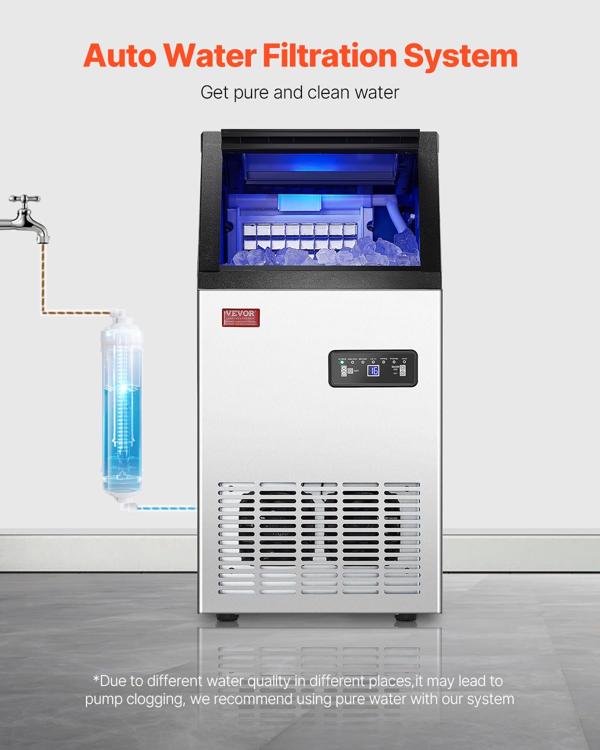 VEVOR Commercial Ice Maker, 100lbs/24H Ice Maker Machine with 28lbs Storage Capacity, 40 Ice Cubes in 15 Minutes, Freestanding Ice Maker for Bar Home Office Restaurant, LED Display, Self-Cleaning