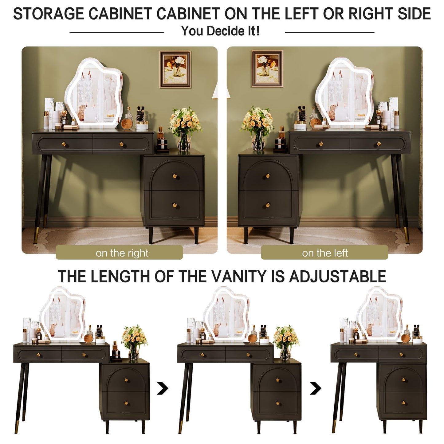 Chrangmay 31.5" White Stylish Corner Makeup Vanity Table,with Lighted Mirror and 4 Spacious Drawers,Bedroom Essential Dressing Table with Nightstand,Modern Minimalist Writing Desk for Girls,Black