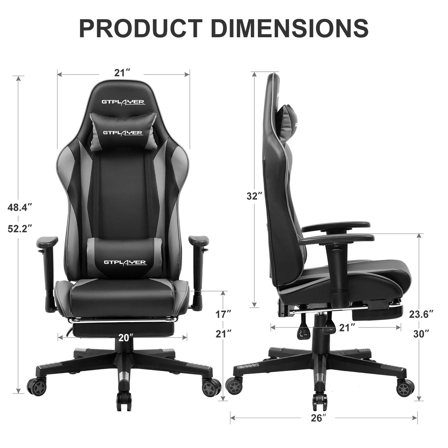 GTPLAYER Gaming Chair with Footrest, Ergonomic Computer Game Desk Chair, Reclining Gamer Chair Seat Height Adjustment, Swivel Rocker with Headrest and Lumbar (Gray)
