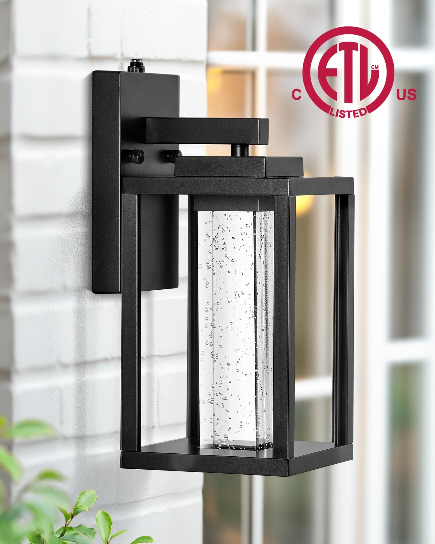 VIANIS Black Exterior Lighting Fixtures Wall Mount for House, 2 Pack Dusk to Dawn Outdoor Porch Light with Integrated 10W LED Light Source Crystal Bubble Glass, Anti-Rust Exterior Wall Sconce Lantern