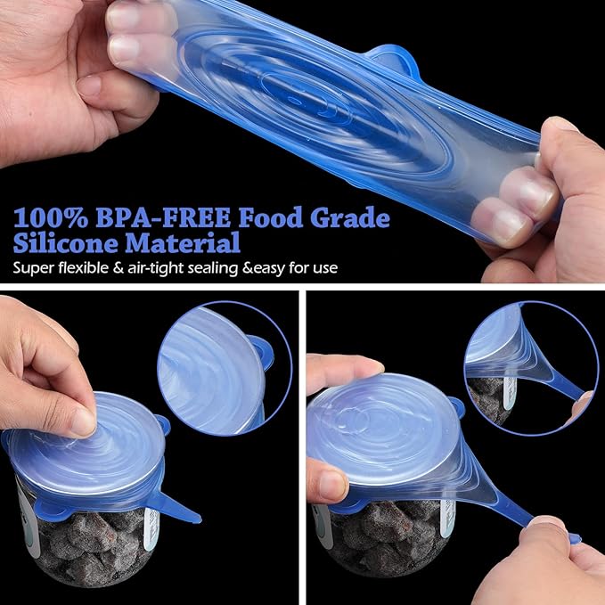 Patelai 16 Pack Silicone Jar Covers Same Size Silicone Jar Cap Stretch Lids Thicker Reusable Container Cover, Expandable Food Storage Covers Dishwasher and Freezer Safe 2.6-3.3 Inch(Blue)