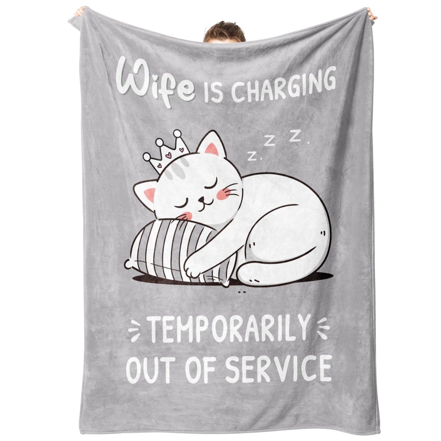 GoMelley Funny Gift for Wife from Husband, Wedding Anniversary Romantic Gifts for Women, Wife is Charging Flannel Blanket, Birthday Christmas Valentines Day Blanket Gifts for Her, 60”× 50”（Gray）