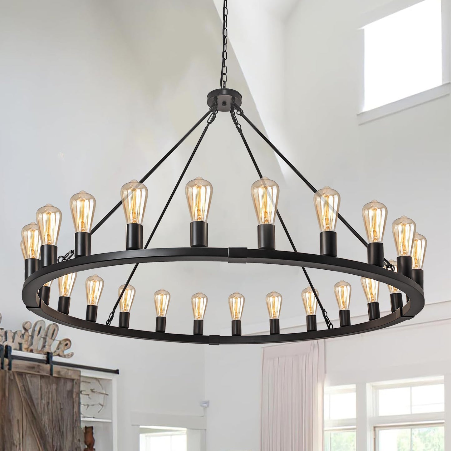 Rviezza Wagon Wheel Chandelier 24-Light 48-Inch, Black Round Rustic Farmhouse Chandelier Extra Large for High Ceilings, Dining Room, Living Room