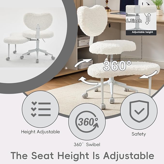 Meditation Chair with Wheels, Ergonomic Criss Cross Chair, Adjustable ADHD Floor Sitting Chair, Swivel Cross Legged Office Chair with High Back, Kneeling Posture Chair, Plush Faux Fur Fabric（Beige）