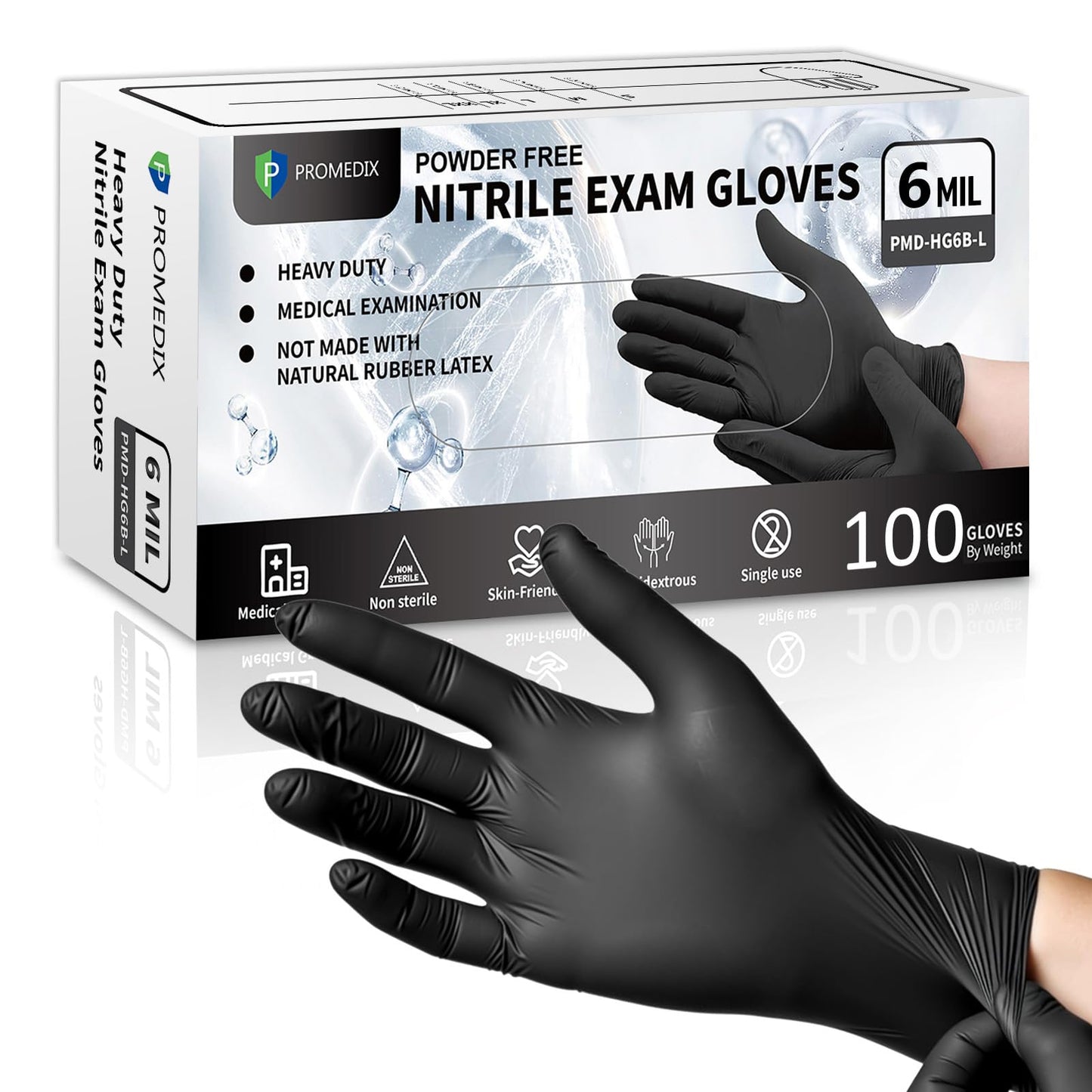 PROMEDIX P 6 Mil Nitrile Exam Gloves, Powder-Free Latex-Free Disposable, Black 100 Count Medical Grade Food Safe for Medical, Dental, Cleaning & Food Prep (Large)