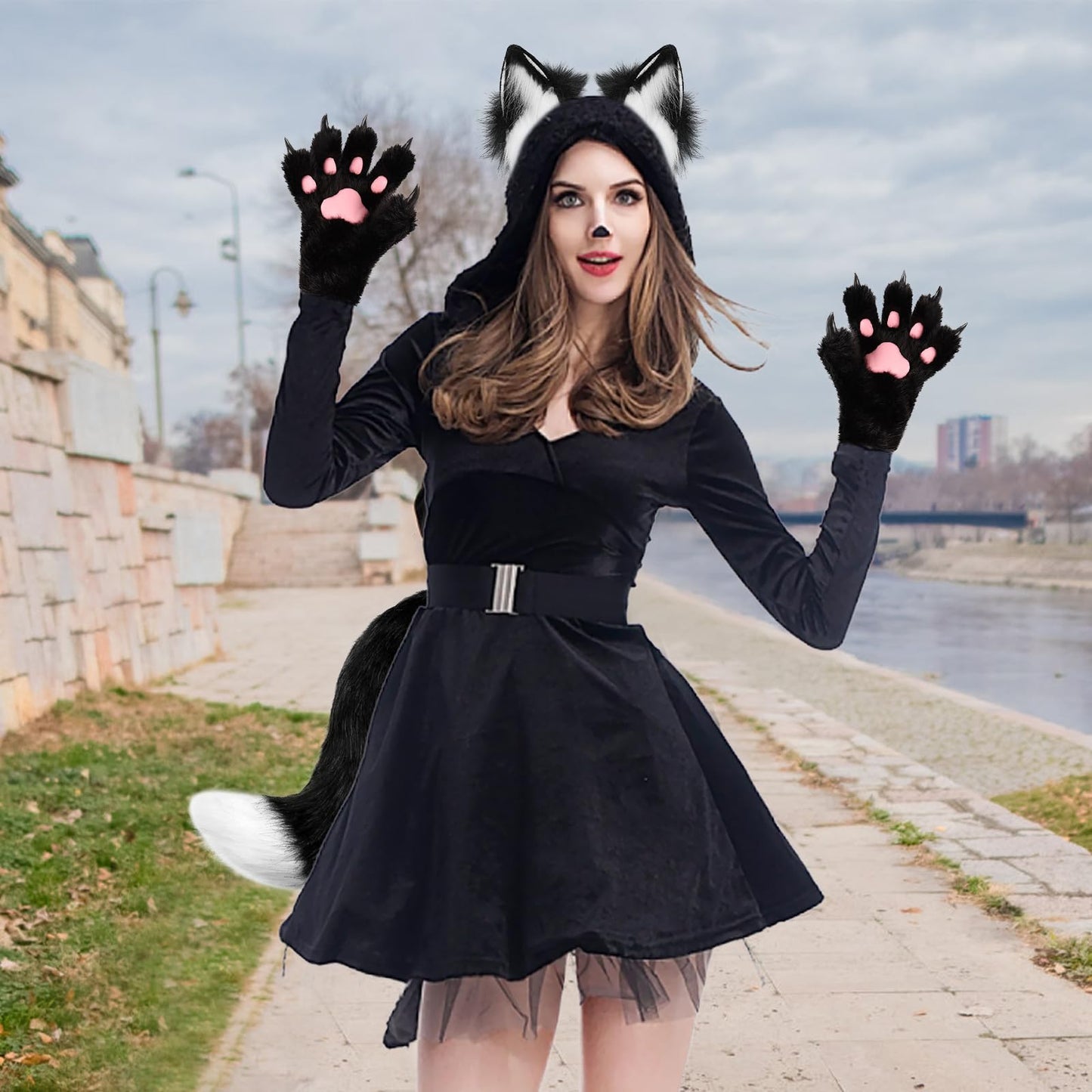 COSYEARS Fox Wolf Ears Headband Furry Tail Plush Cat Paw Mittens Gloves Set Halloween Party Cosplay Costumes Accessories