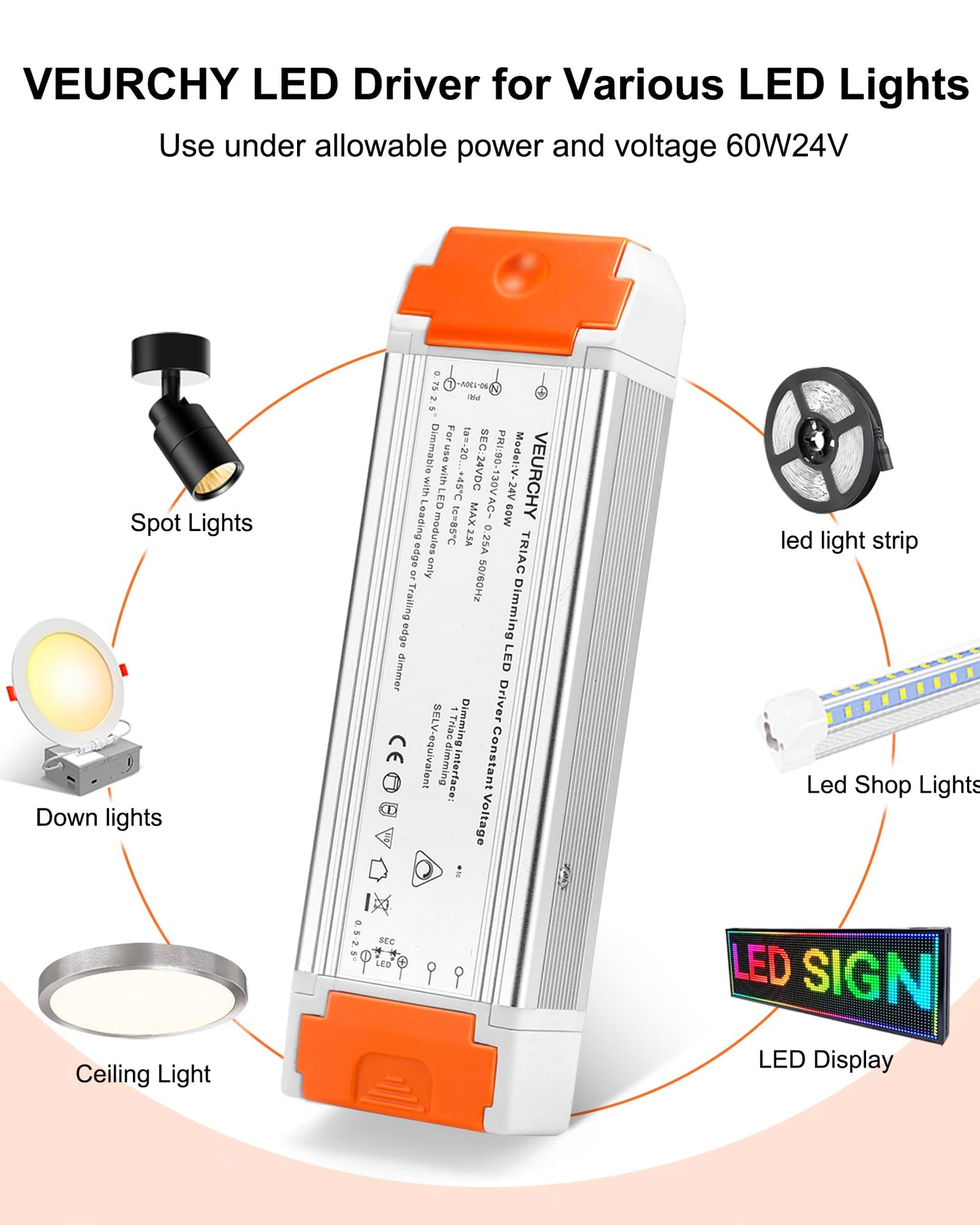 VEURCHY 24V 60W Dimmable LED Driver,120V to DC 24V LED Lighting Low Voltage Transformers, Smooth Flicker Free Dimming 60 Watt LEDs Power Supply 24 Volt, 2 Pack